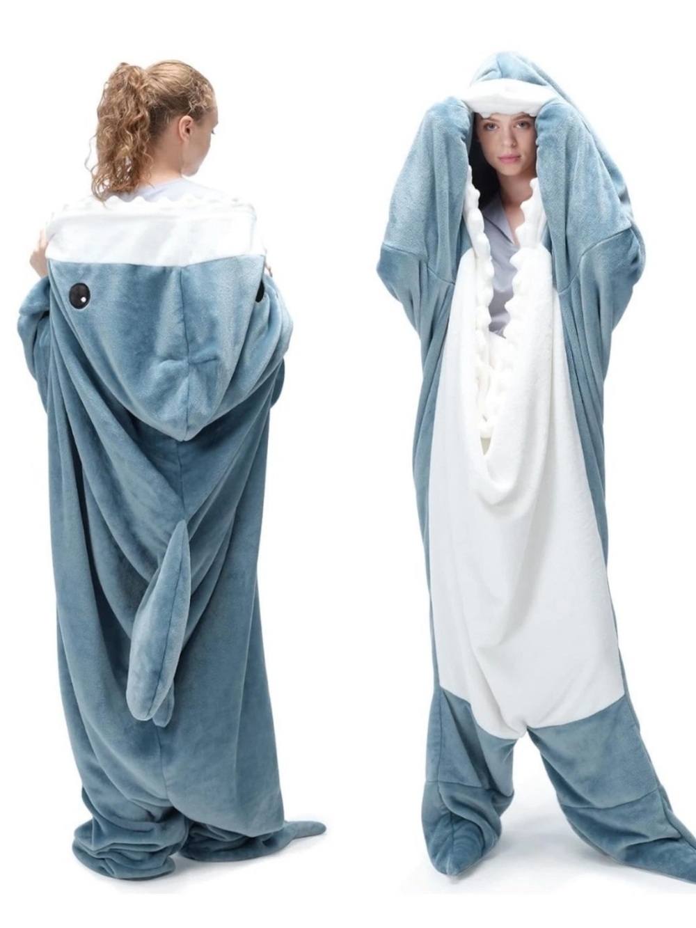 Shark Fleece Blue White Costume Suit Adult L Wearable Blanket Fun Cozy 5’2”- 5’8